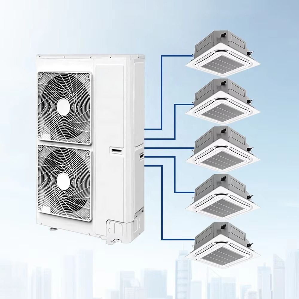 Multi-port ceiling mount system showing connected indoor units
